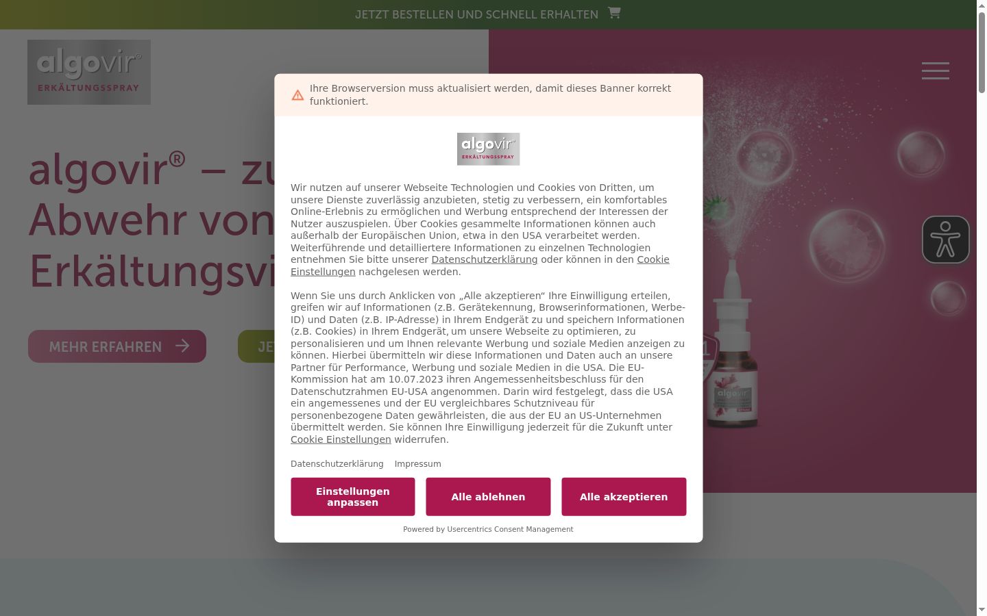 Zrzut ekranu banera zgody wyświetlanego przed jakąkolwiek interakcją