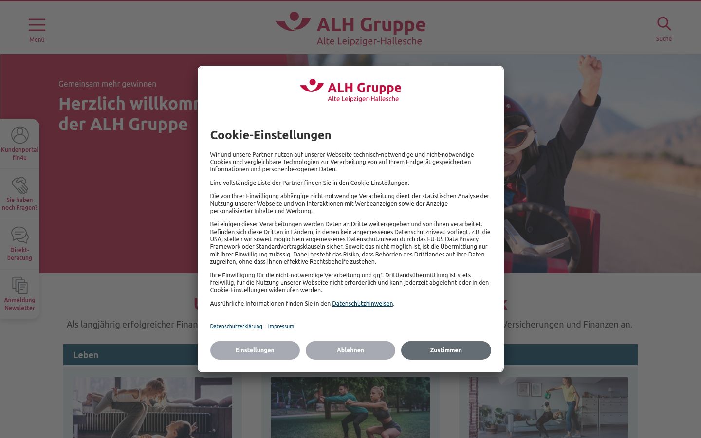 Screenshot des Einwilligungsbanners vor jeglicher Interaktion