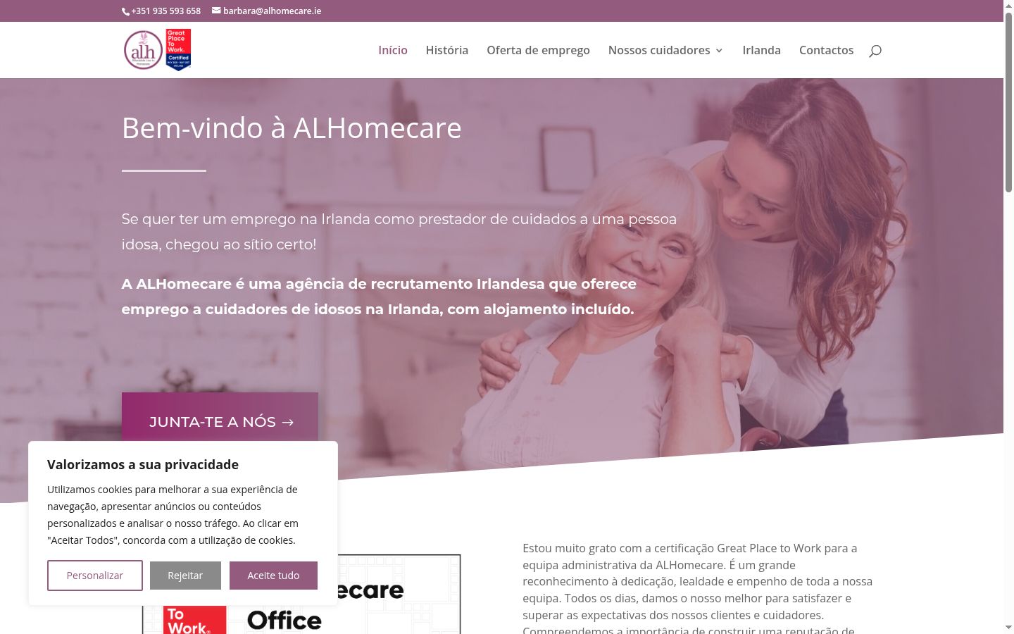 Captura de ecrã do banner de consentimento apresentado antes de qualquer interação