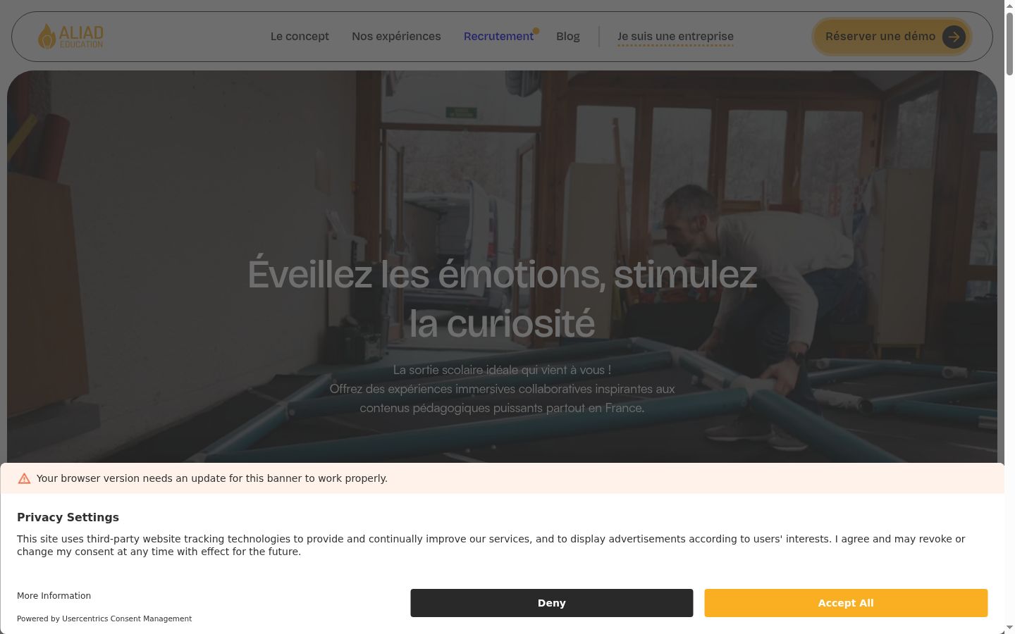 Capture d'écran de la bannière de consentement affichée avant toute interaction