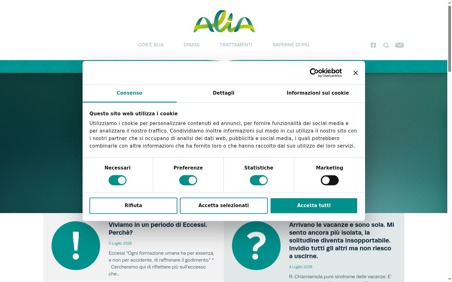Screenshot del banner di consenso mostrato prima di qualsiasi interazione
