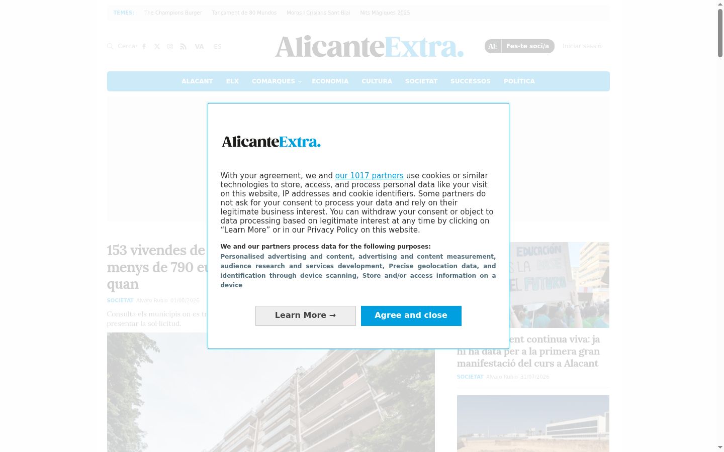 Screenshot del banner di consenso mostrato prima di qualsiasi interazione