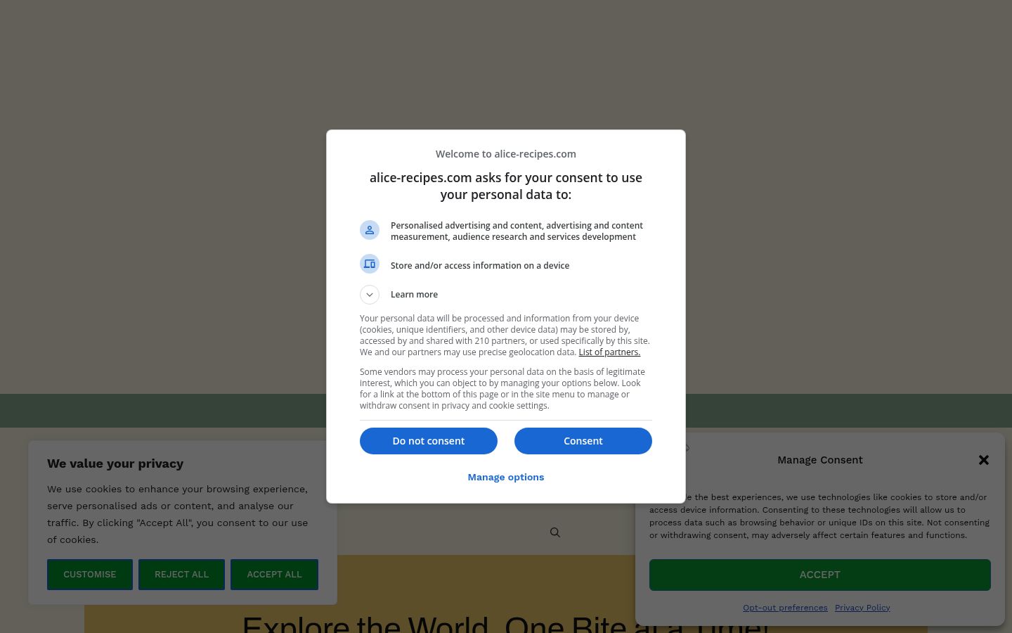 Screenshot del banner di consenso mostrato prima di qualsiasi interazione