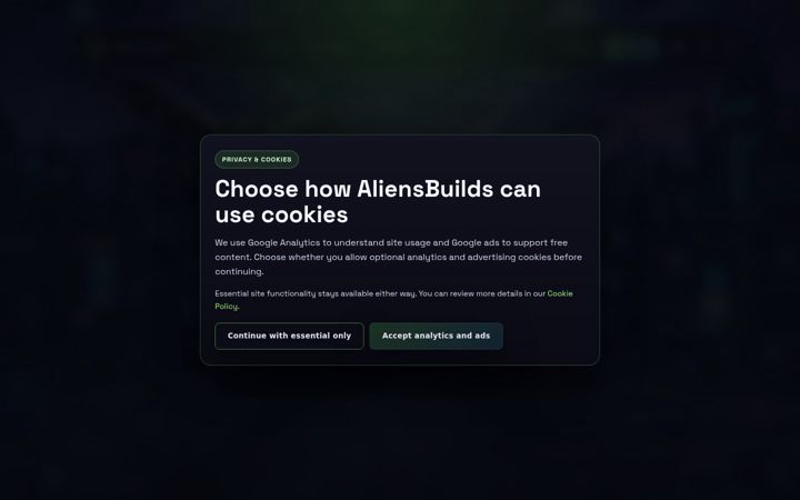 Captură de ecran a aliensbuilds.com