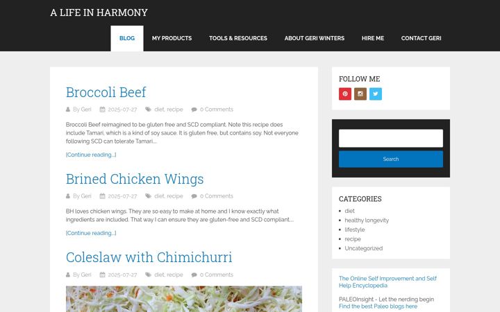 Screenshot of alifeinharmony.me