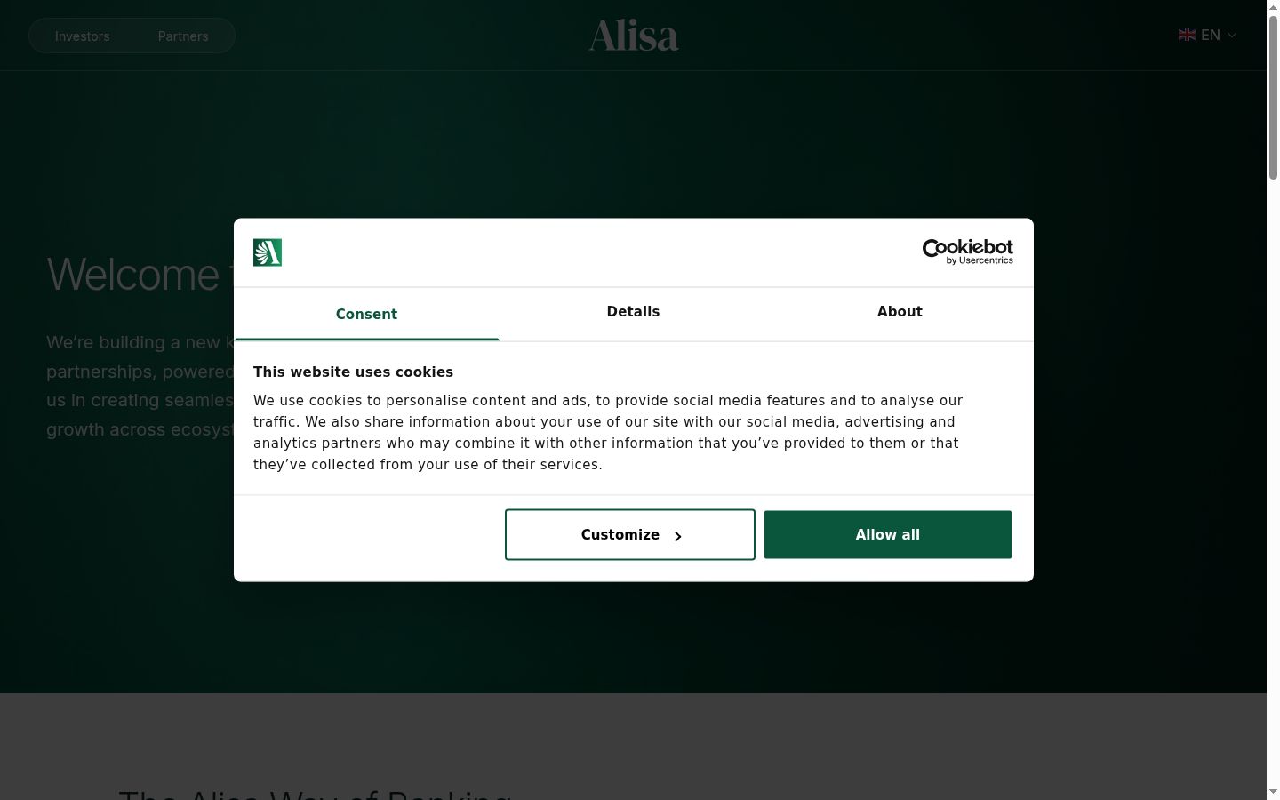 Captura de ecrã do banner de consentimento apresentado antes de qualquer interação