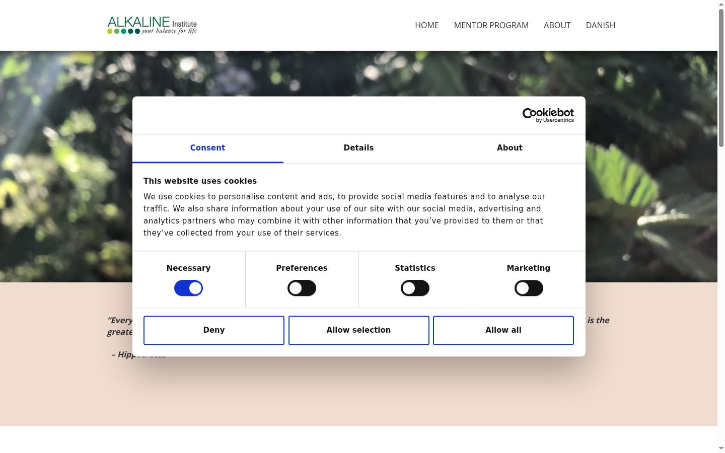 Screenshot del banner di consenso mostrato prima di qualsiasi interazione