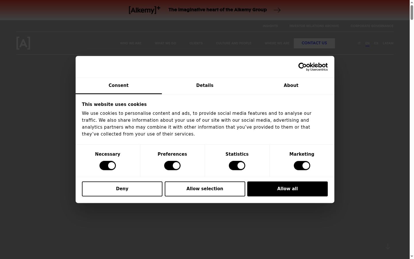 Screenshot del banner di consenso mostrato prima di qualsiasi interazione