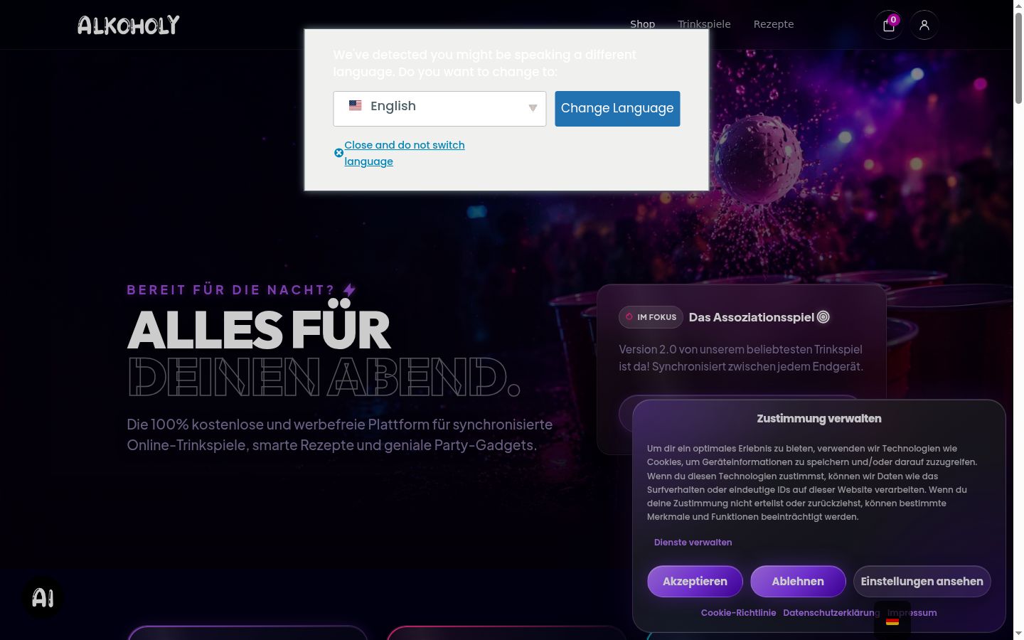 Captura de ecrã do banner de consentimento apresentado antes de qualquer interação
