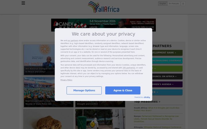 Screenshot stránky allafrica.com