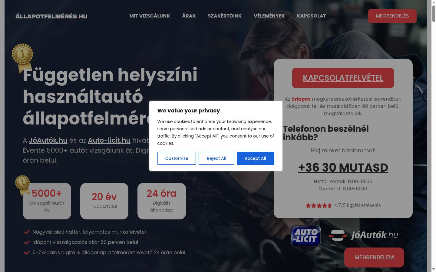 Képernyőkép a bármilyen interakció előtt megjelenő hozzájárulási bannerről