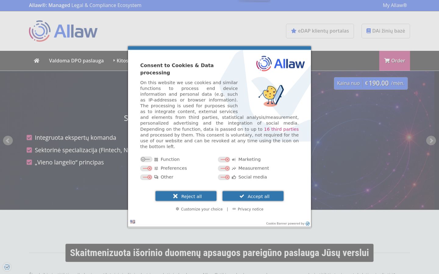 Sutikimo reklamjuostės, rodytos prieš bet kokią sąveiką, ekrano kopija