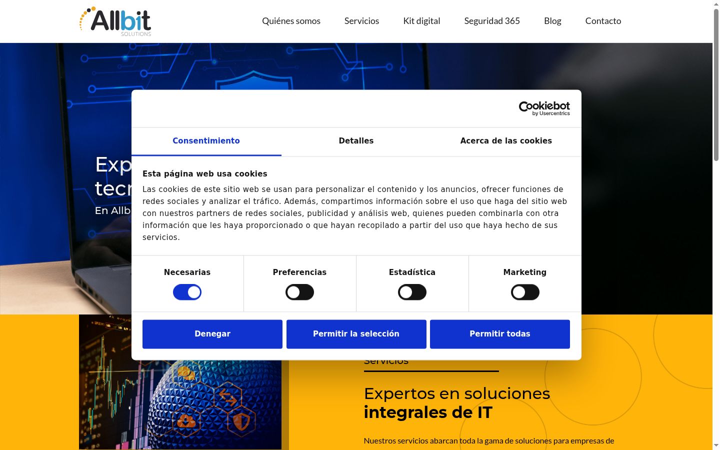 Captura de ecrã do banner de consentimento apresentado antes de qualquer interação