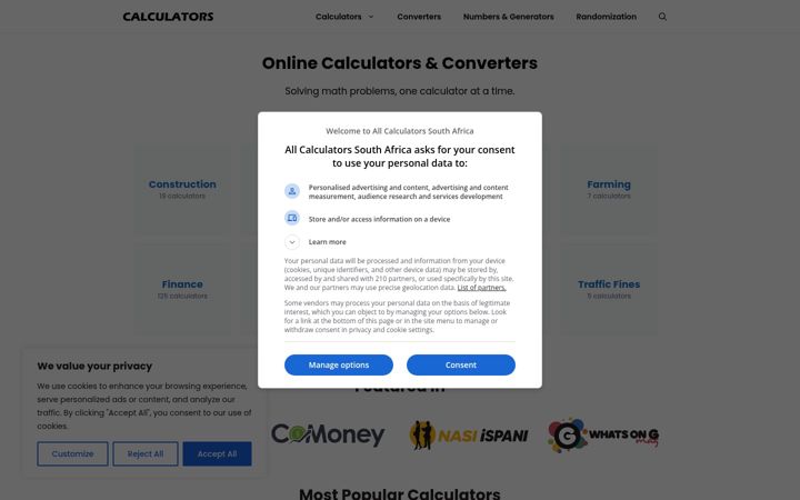 Screenshot stránky allcalculators.co.za