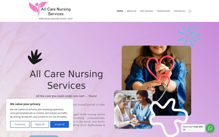 Kuvakaappaus sivustosta allcarenursingservices.co.za