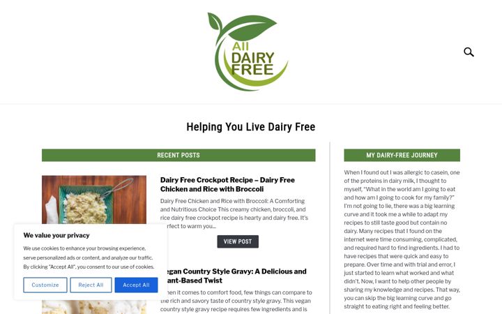 Screenshot of alldairyfree.com