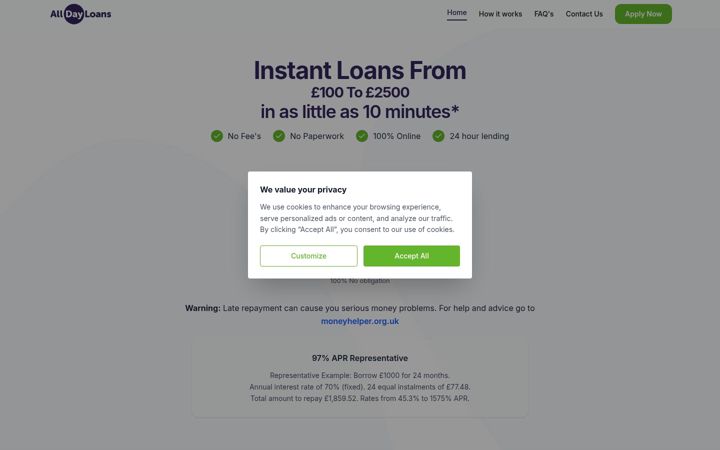 Screenshot of alldayloans.co.uk