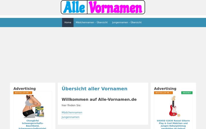 Skjámynd af alle-vornamen.de