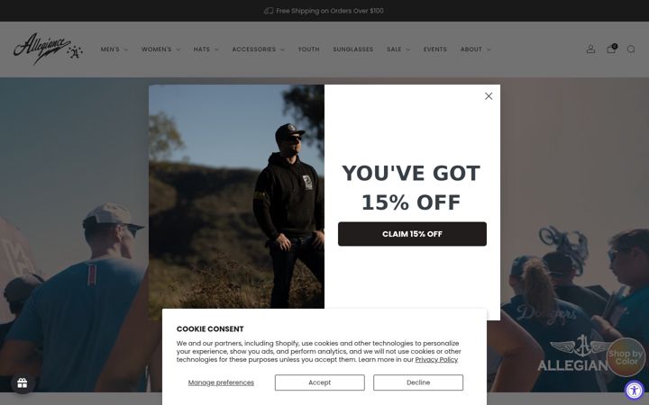 Screenshot of allegianceclothing.com