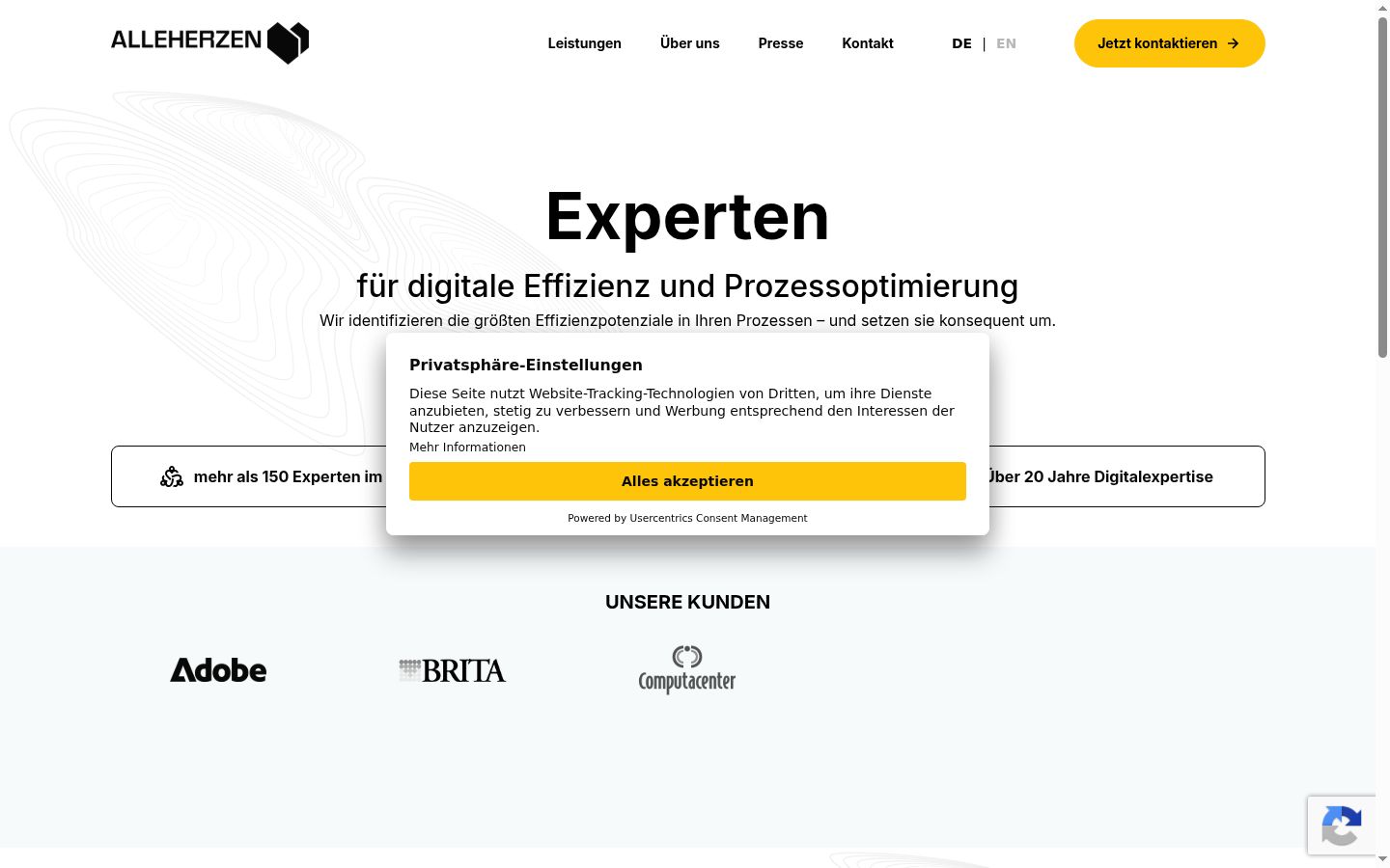 Screenshot des Einwilligungsbanners vor jeglicher Interaktion
