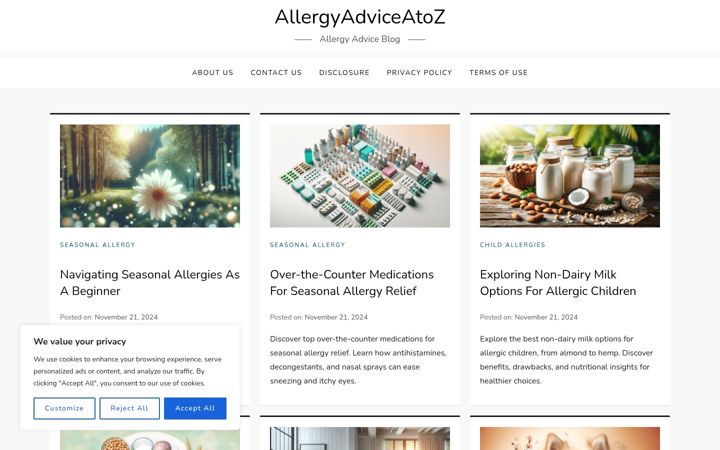 Screenshot of allergyadviceatoz.com