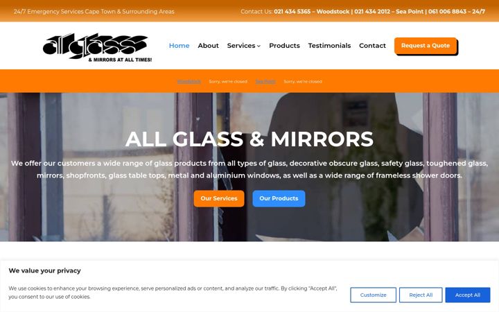 Skærmbillede af allglassmirrors.co.za