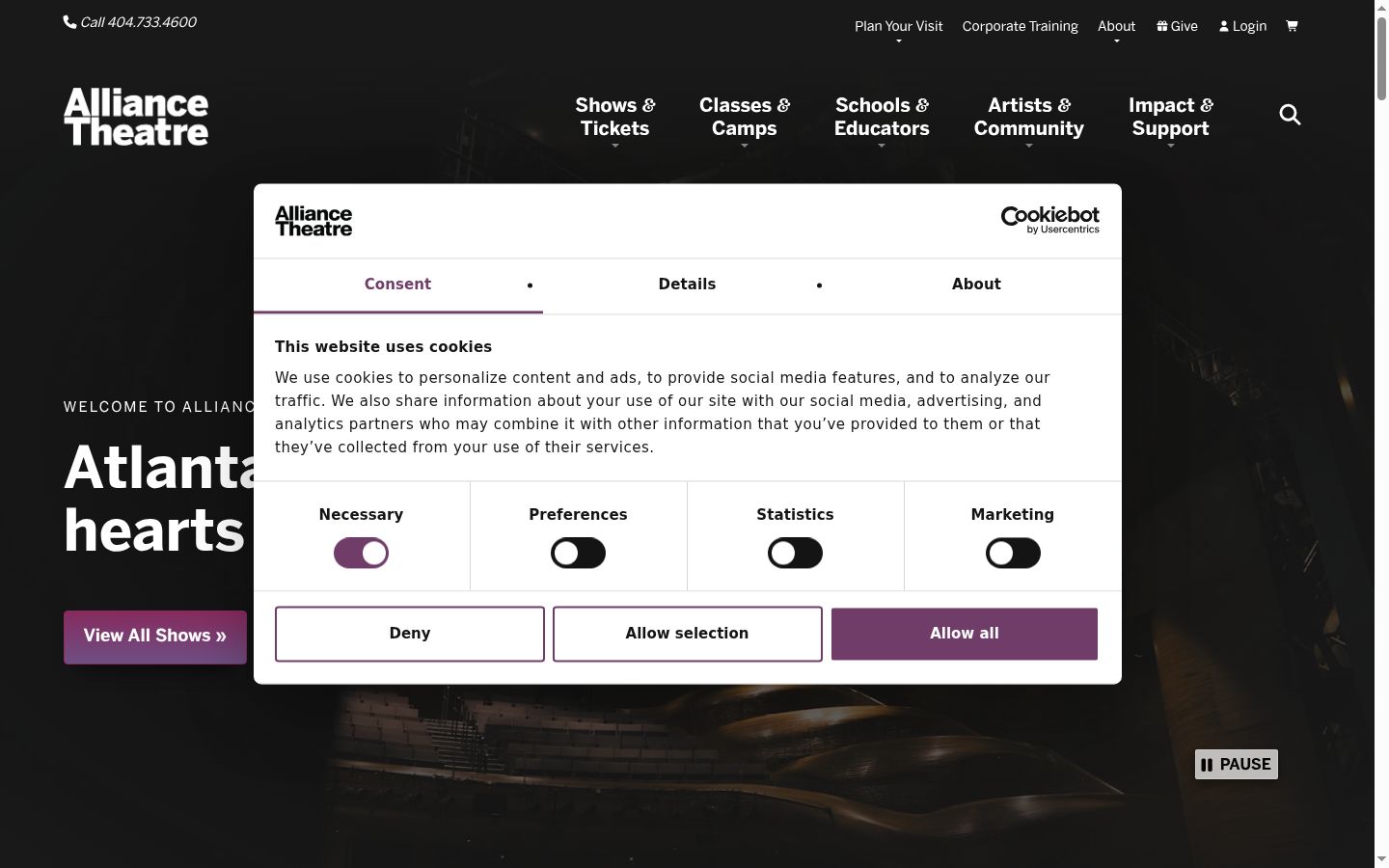 Captura de ecrã do banner de consentimento apresentado antes de qualquer interação