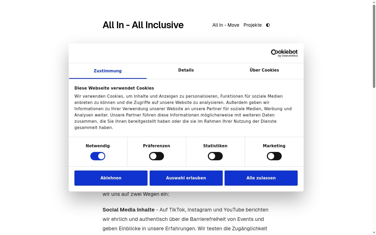 Screenshot del banner di consenso mostrato prima di qualsiasi interazione