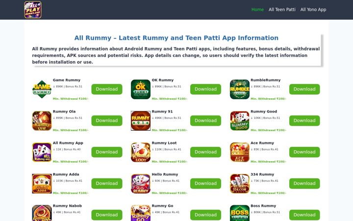 Screenshot of allplayrummy.com