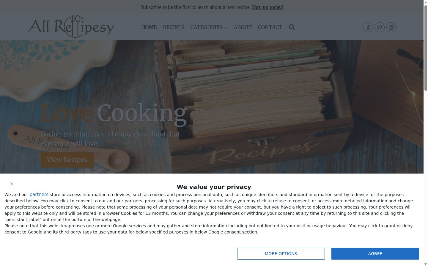 Screenshot del banner di consenso mostrato prima di qualsiasi interazione