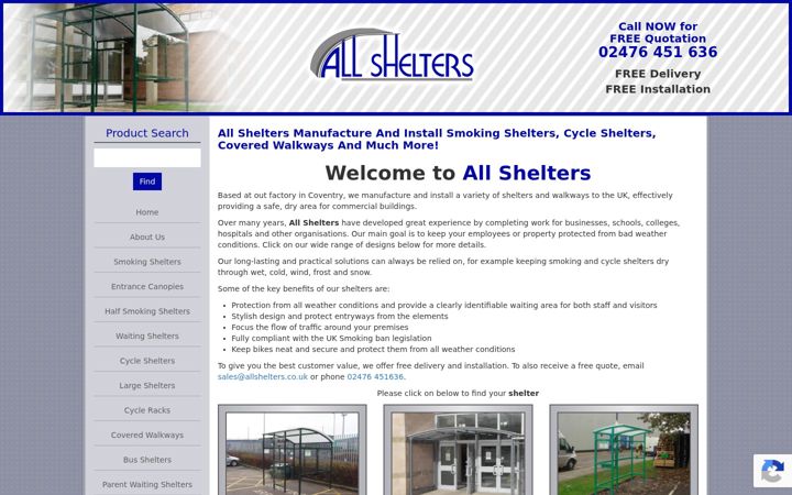 Screenshot von allshelters.co.uk
