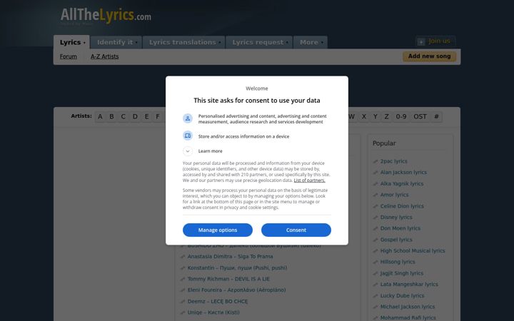 Screenshot of allthelyrics.com