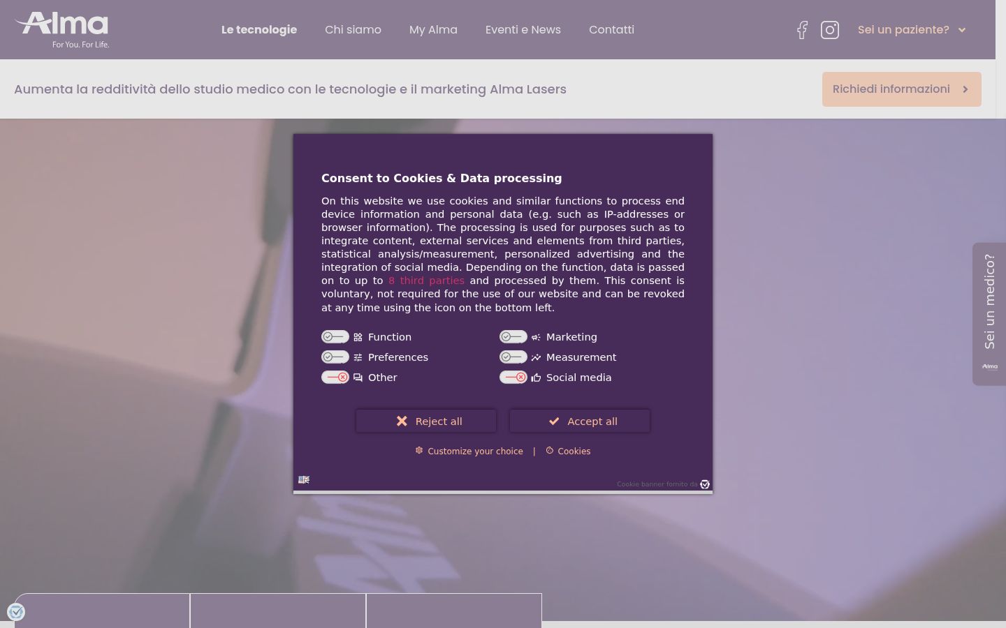 Captura de ecrã do banner de consentimento apresentado antes de qualquer interação