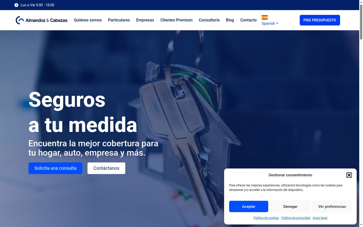 Captura de pantalla del banner de consentimiento mostrado antes de cualquier interacción