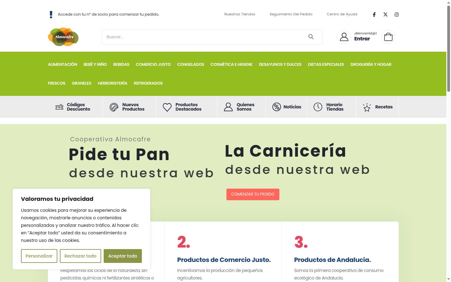 Captura de pantalla del banner de consentimiento mostrado antes de cualquier interacción