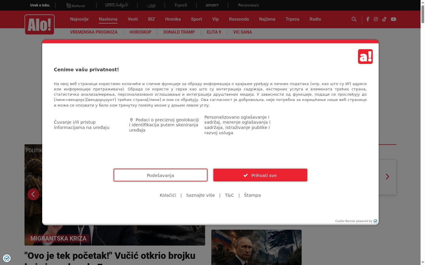 Képernyőkép a bármilyen interakció előtt megjelenő hozzájárulási bannerről