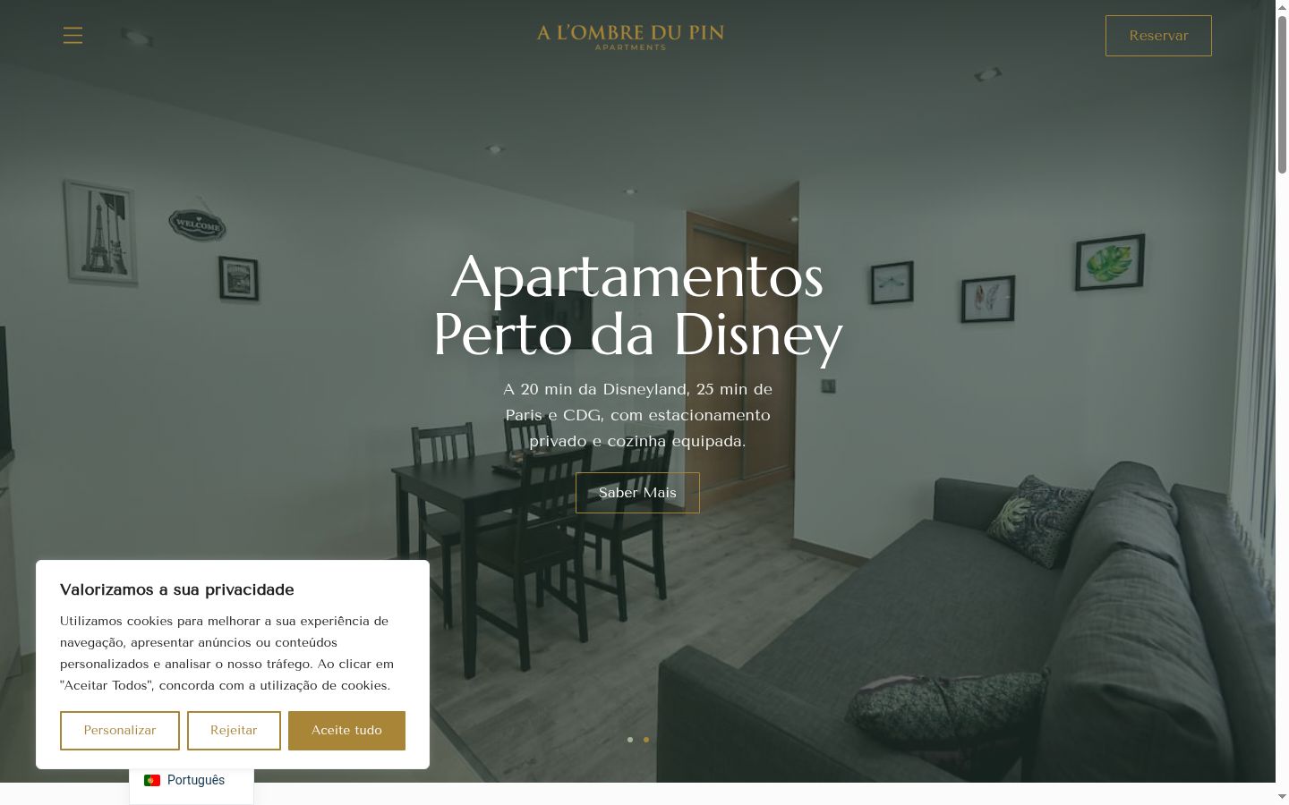 Captura de ecrã do banner de consentimento apresentado antes de qualquer interação