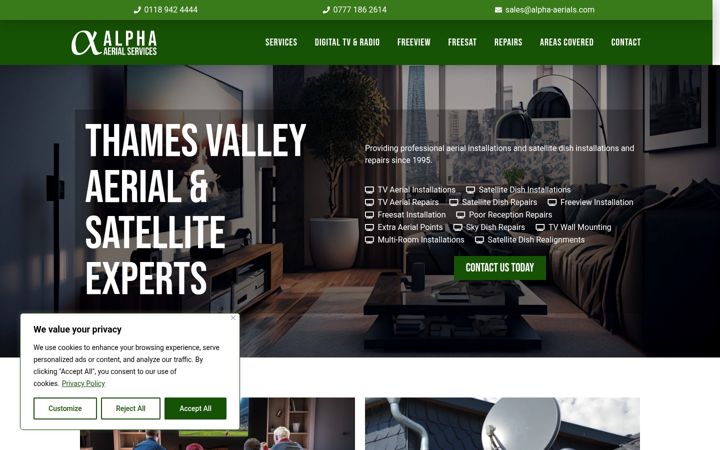 Screenshot of alpha-aerials.co.uk