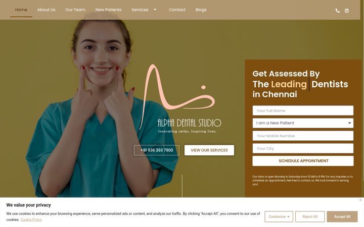 Snímek obrazovky alphadentalstudios.com