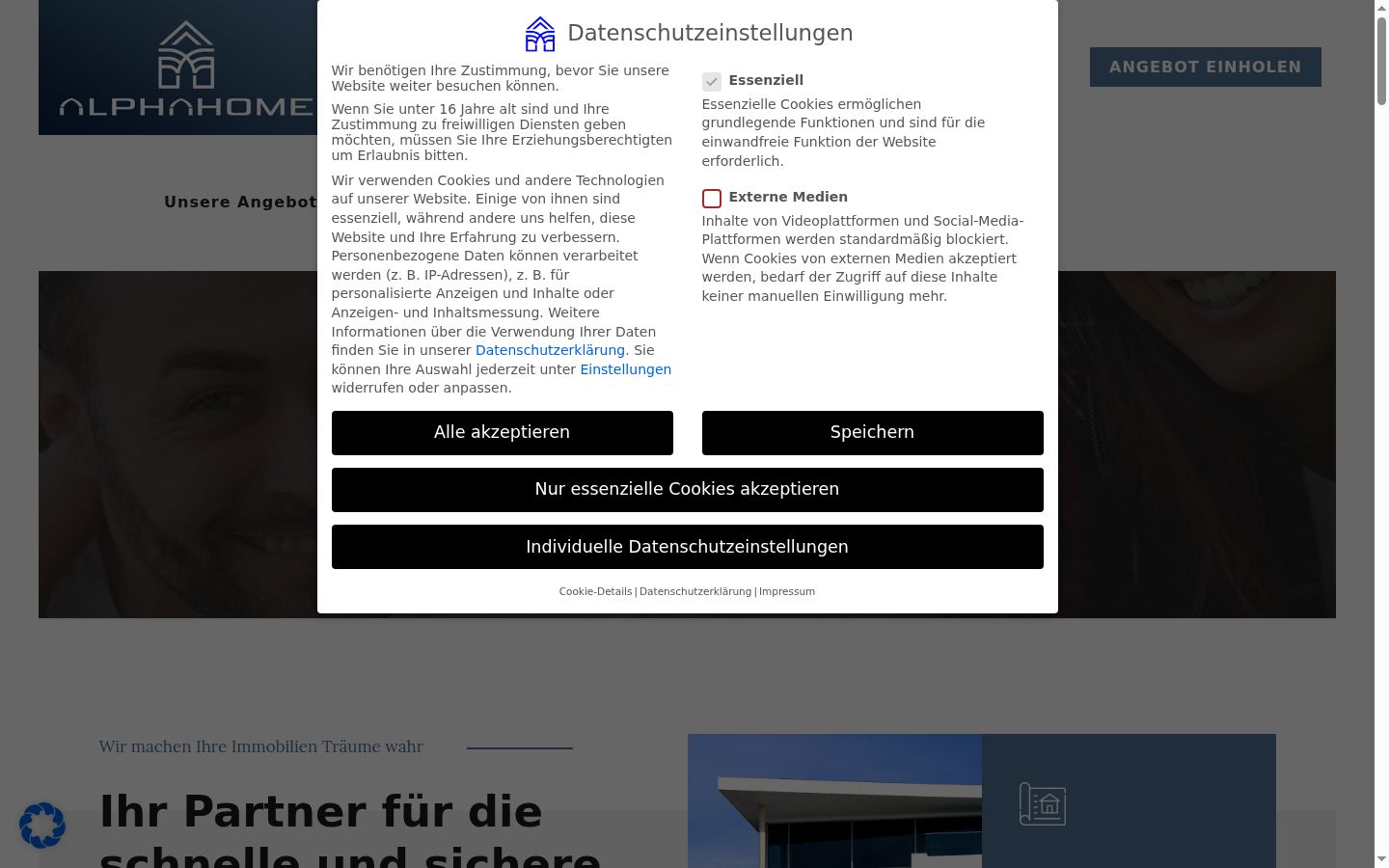 Screenshot des Einwilligungsbanners vor jeglicher Interaktion