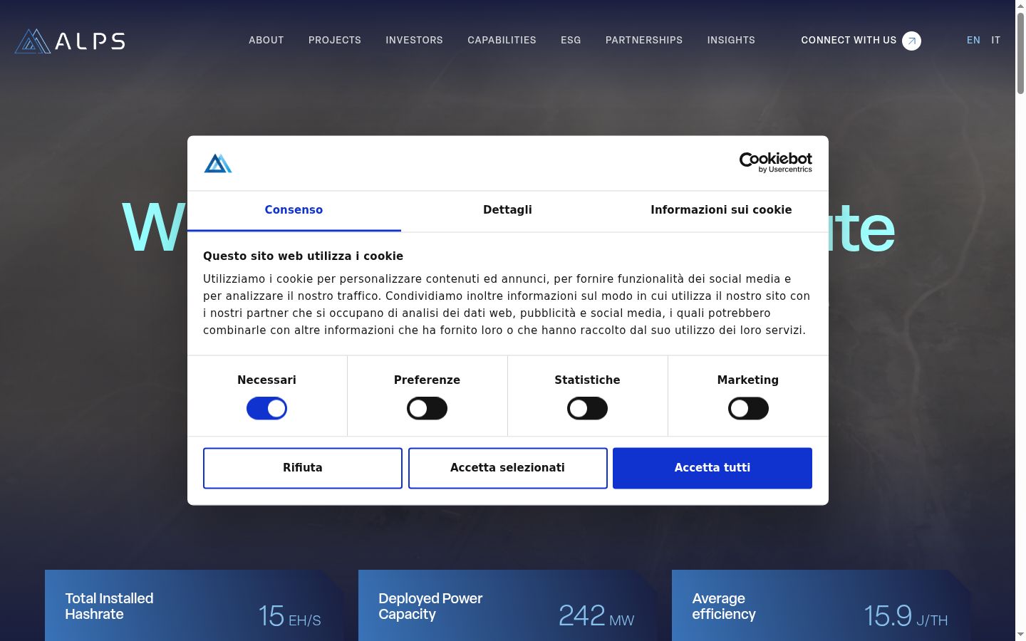 Screenshot del banner di consenso mostrato prima di qualsiasi interazione