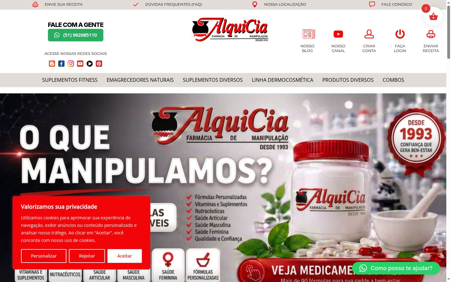 Captura de ecrã do banner de consentimento apresentado antes de qualquer interação