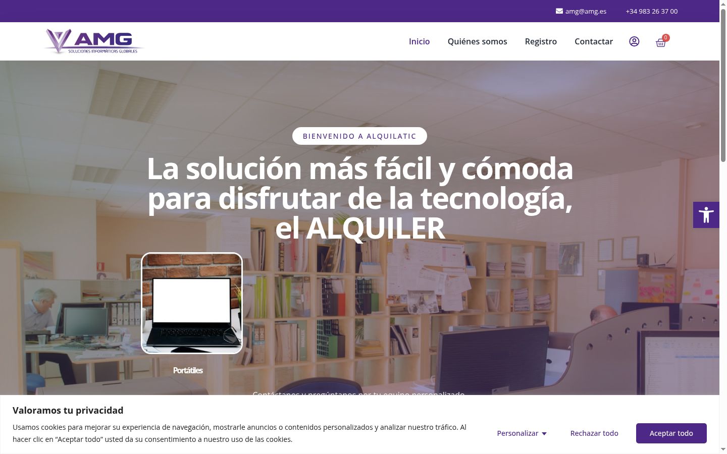 Captura de ecrã do banner de consentimento apresentado antes de qualquer interação