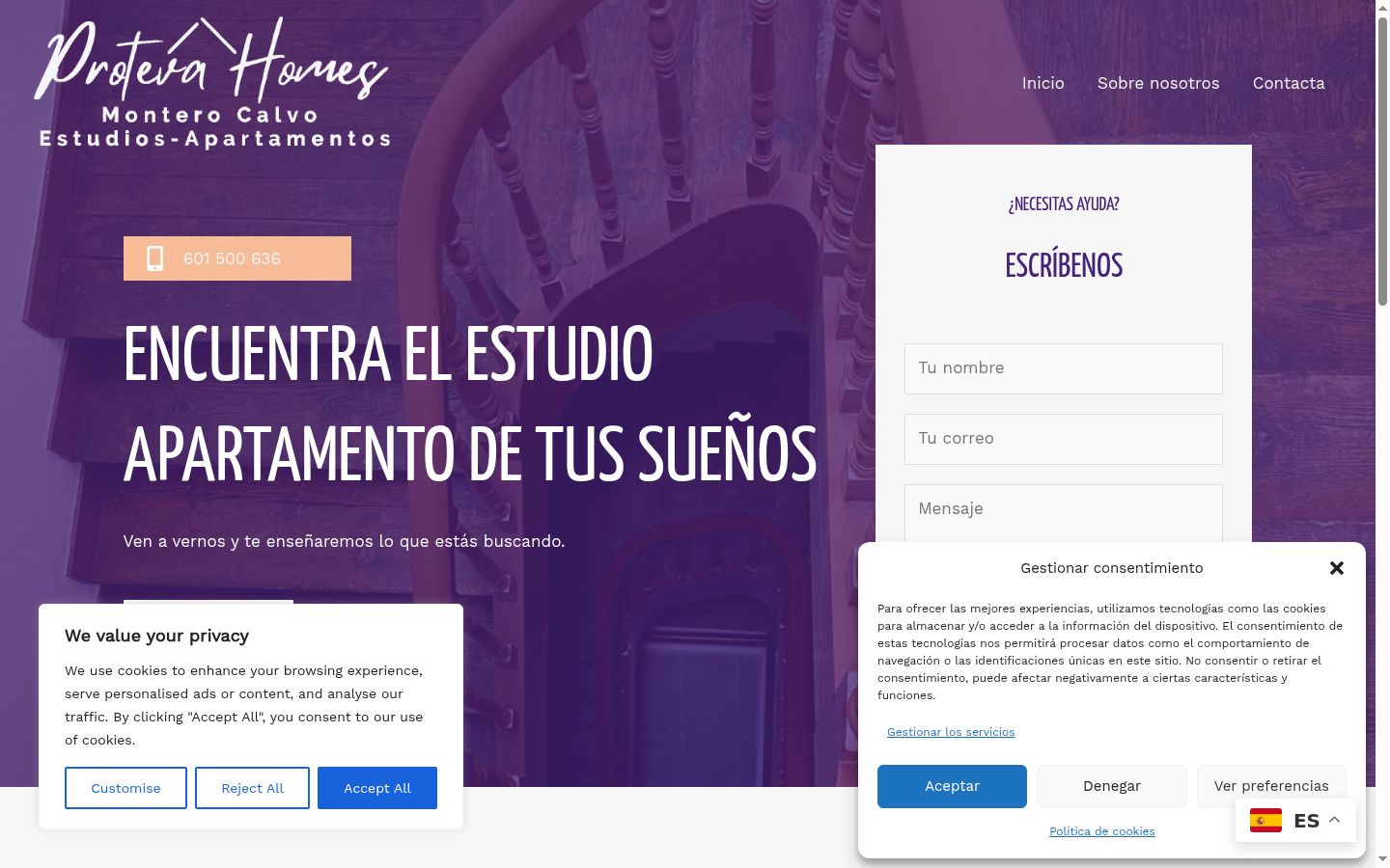 Captura de ecrã do banner de consentimento apresentado antes de qualquer interação