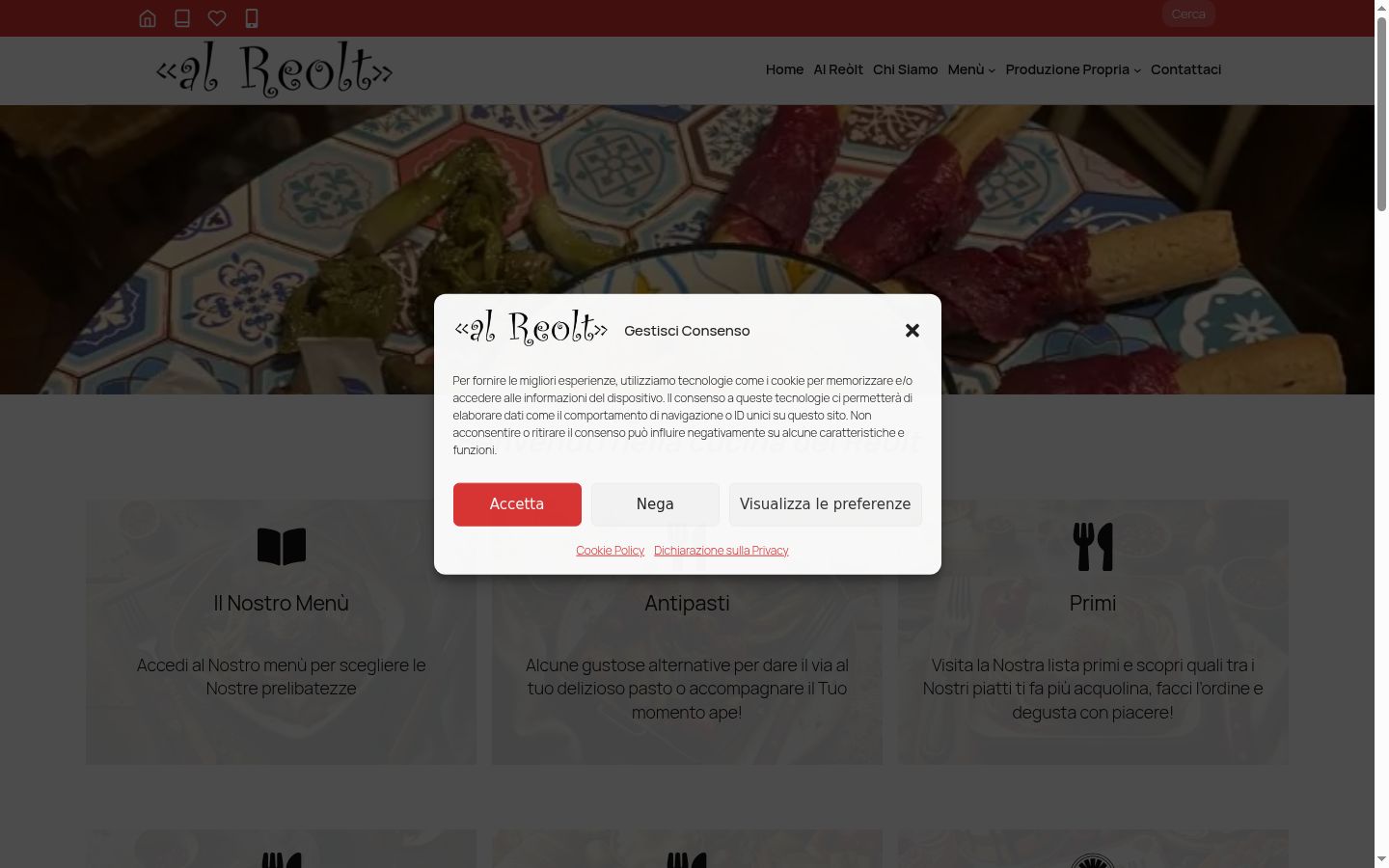 Screenshot del banner di consenso mostrato prima di qualsiasi interazione