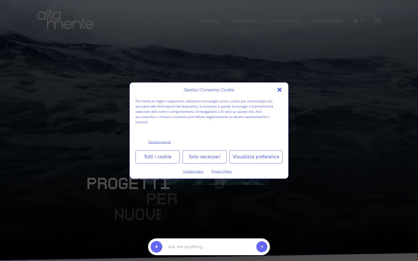 Screenshot del banner di consenso mostrato prima di qualsiasi interazione