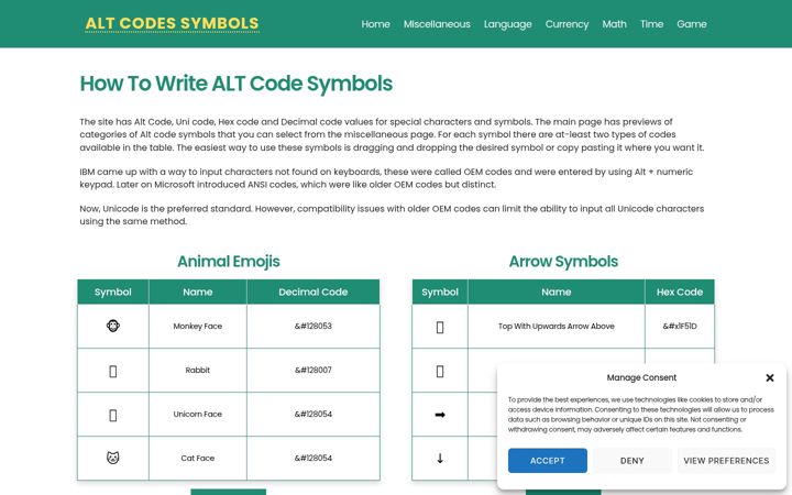 Screenshot of altcodessymbols.com