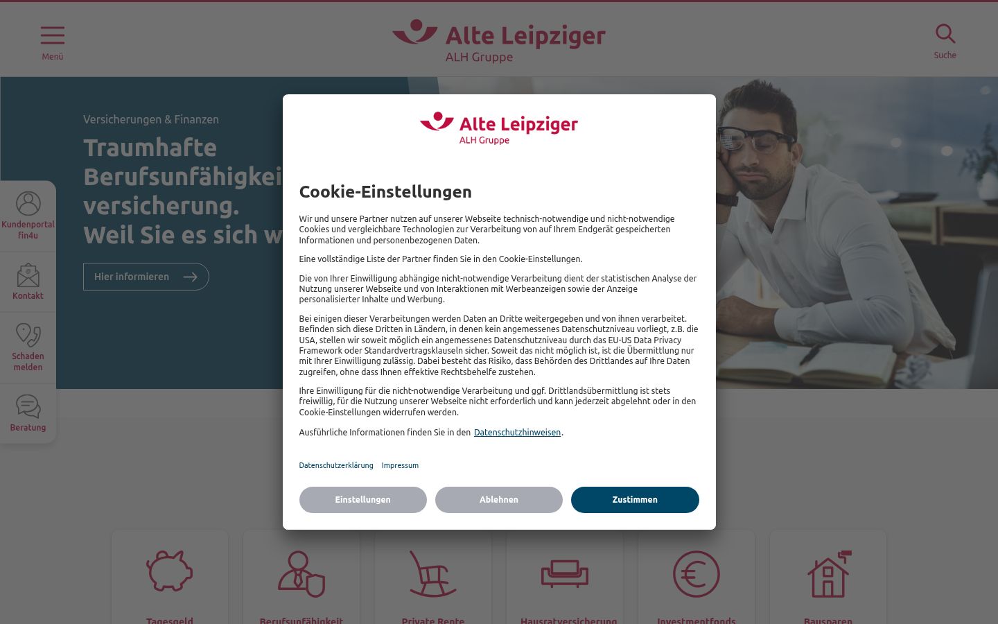 Screenshot des Einwilligungsbanners vor jeglicher Interaktion