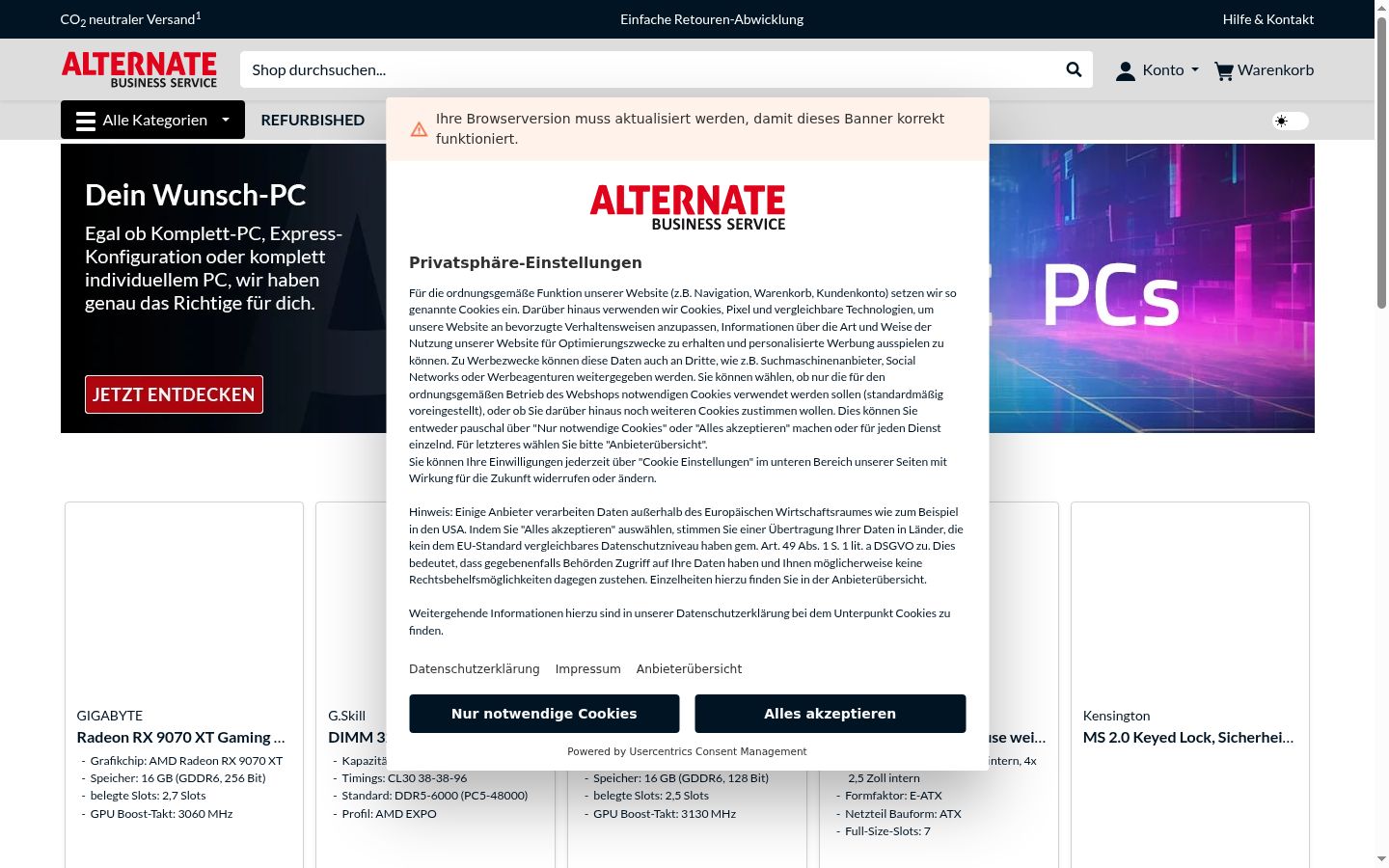 Screenshot del banner di consenso mostrato prima di qualsiasi interazione