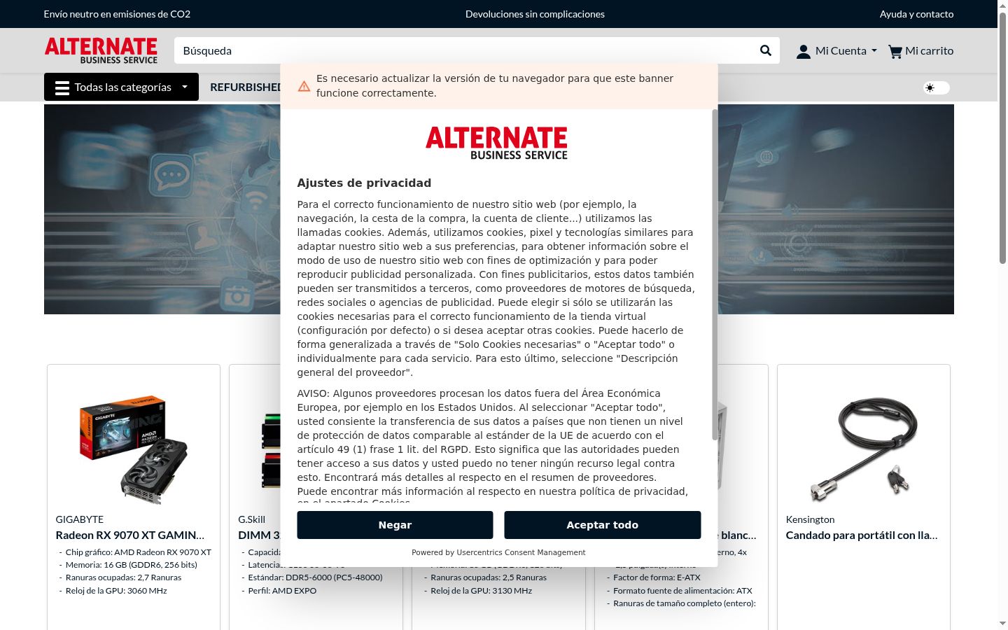 Captura de pantalla del banner de consentimiento mostrado antes de cualquier interacción